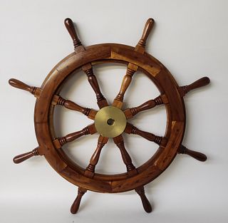 Vintage Teak and Brass Ship's Wheel