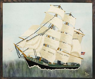 Vintage Hooked Rug Portrait of a Three Masted American Ship at Full Sail