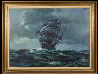 John Korver Oil on Canvas "Schooner on Stormy Seas"