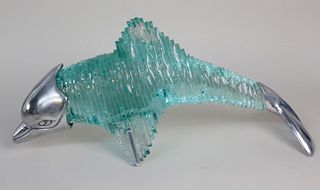 Contemporary Polished Chrome and Aqua Glass Dolphin Figure