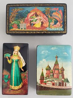 Three Russian Hand Painted Lacquered Boxes