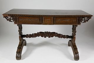 19th Century Teak Spanish Colonial Carved Library Table