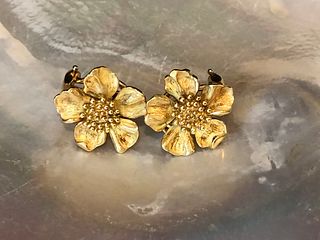 Pair of Tiffany & Co. 18k Yellow Gold Dogwood Earrings Stamped T. & Co. 750