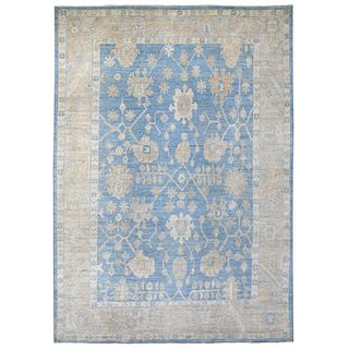 Hand Knotted Blue and Cream Angora Oushak Oriental Carpet