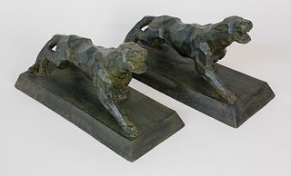 Pair of Art Deco Style Green Patinated Bronze Panther Bookends, After A. Notari