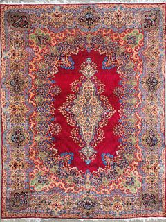 Vintage Red Hue Hand Knotted Wool Persian Kerman Carpet