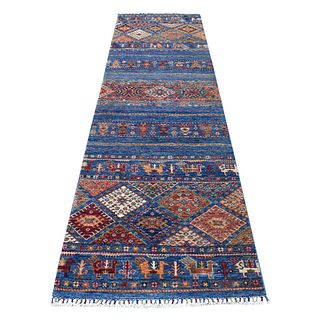 Hand Knotted Blue Khorjin Design Wool Runner Oriental Carpet with Tassles