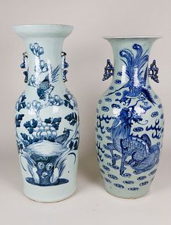 Two Chinese Blue and White Porcelain Temple Vases