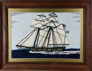Vintage English Woolie Depicting a Two-Mast Clipper Ship on the High Seas
