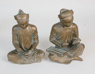 Pair of Vintage Composition Figural Bookends of Two Asian Students