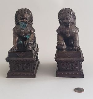 Pair of Vintage Cast Bronze Chinese Foo Lion Statues