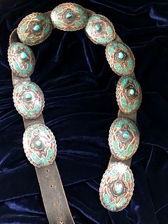 John Nelson Navajo Sterling Silver, Turquoise and Coral Concho Belt