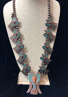 Tommy Singer Sterling Silver Turquoise and Coral Inlaid Peyote Bird Squash Blossom Necklace