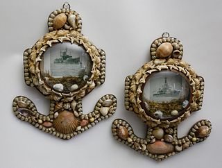Pair of 19th Century Shell Encrusted Anchor Form British Warship Wall Hangings
