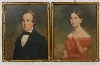 Pair of American Primitive Portraits, Oil on Panel, circa 1840s