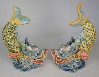 Pair of Chinese Glazed Earthenware Roof Tile Dragon Fish Ornaments, 20th Century