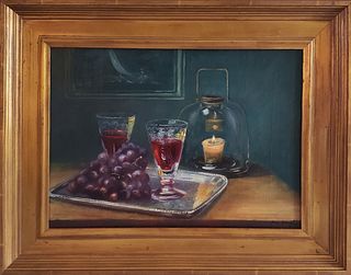 Jan Brough Oil on Board "Tabletop Fruit and Wine " Still Life Painting