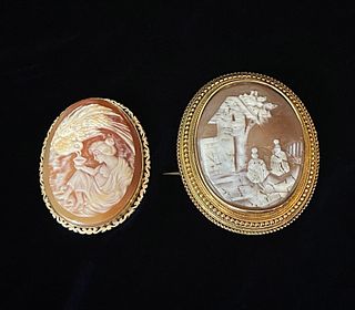 Two Antique Oval Cameo Brooches with Gold Surround