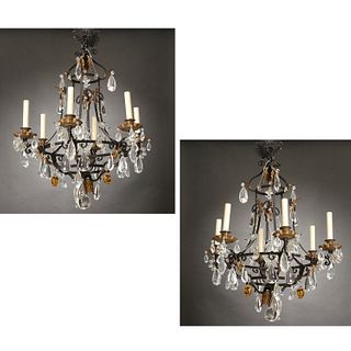 Pair Continental gilt tole & crystal chandeliers