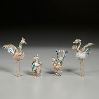 (4) Mexican sterling, turquoise & stone birds