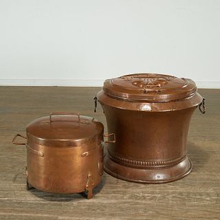 Large antique copper bin and lidded cauldron