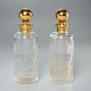 Pair Baccarat (attrib) cut, etched glass decanters