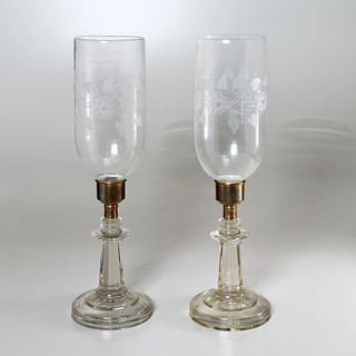 Pair Victorian cut, etched glass hurricane lamps