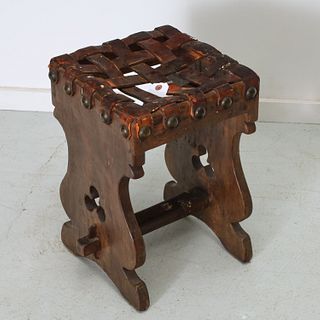 California Mission style leather & walnut stool