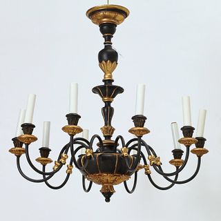 Empire style gilt and ebonized 10-arm chandelier