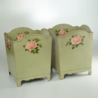 Pair vintage painted tole wastepaper baskets