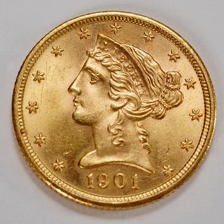 1901 U.S. Liberty five dollar gold coin