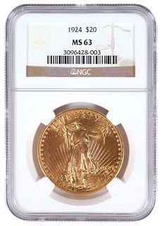 1924 $20 US Double Eagle Gold Coin NGC MS 63
