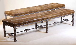 Pair of White Metal and Brown Leather Benches