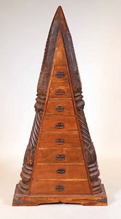 Indian Carved Wood Triangular Chest of Drawers