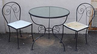 Metal and Glass Parlor Table and Two Chairs