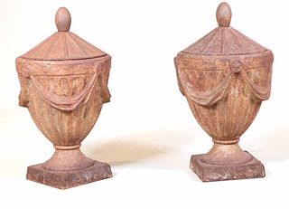 Pair of Neoclassical Style Cast-Iron Covered Urns