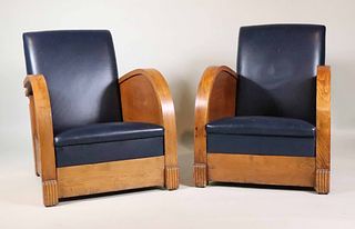 Pair of Art Deco Blue-Leather Walnut Club Chairs