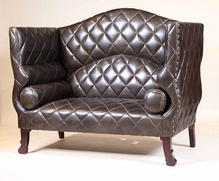 Modern Black-Leather Upholstered High Back Settee