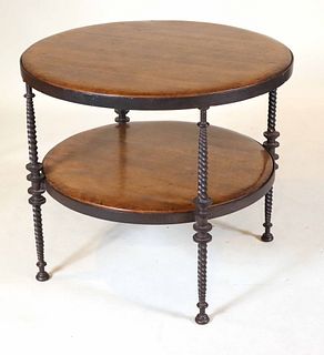 Contemporary Iron and Walnut Circular Side Table