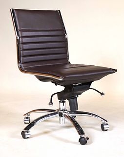 Modern Brown Leather & Chrome Rolling Desk Chair