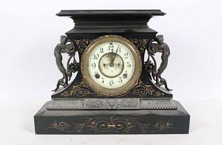 Ansonia Parcel-Gilt and Black Stone Mantel Clock