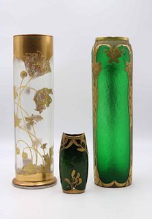 Two Legras Gilt-Decorated Green Glass Vases