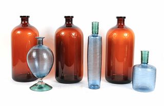 Six Blue & Brown Glass Vases