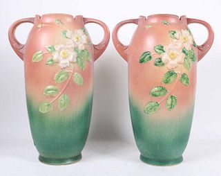 Two Tall Pink Roseville Double Handled Vases