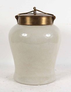 Metal-Mounted Craquelure Glazed Covered Urn