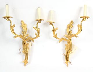 Pair of Rococo Style Gilt-Metal Two-Light Sconces