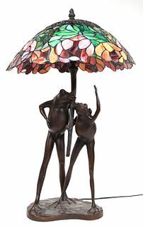 Patinated Metal Stained Glass Frog-Form Lamp