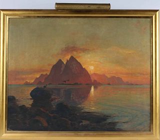Oil on Canvas, Mountain Island at Sunset
