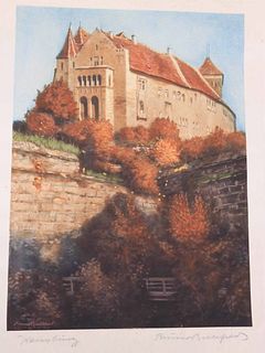Hand-Colored Engraving View of German Castle