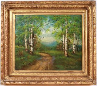 Oil on Canvas Landscape with Birch Trees